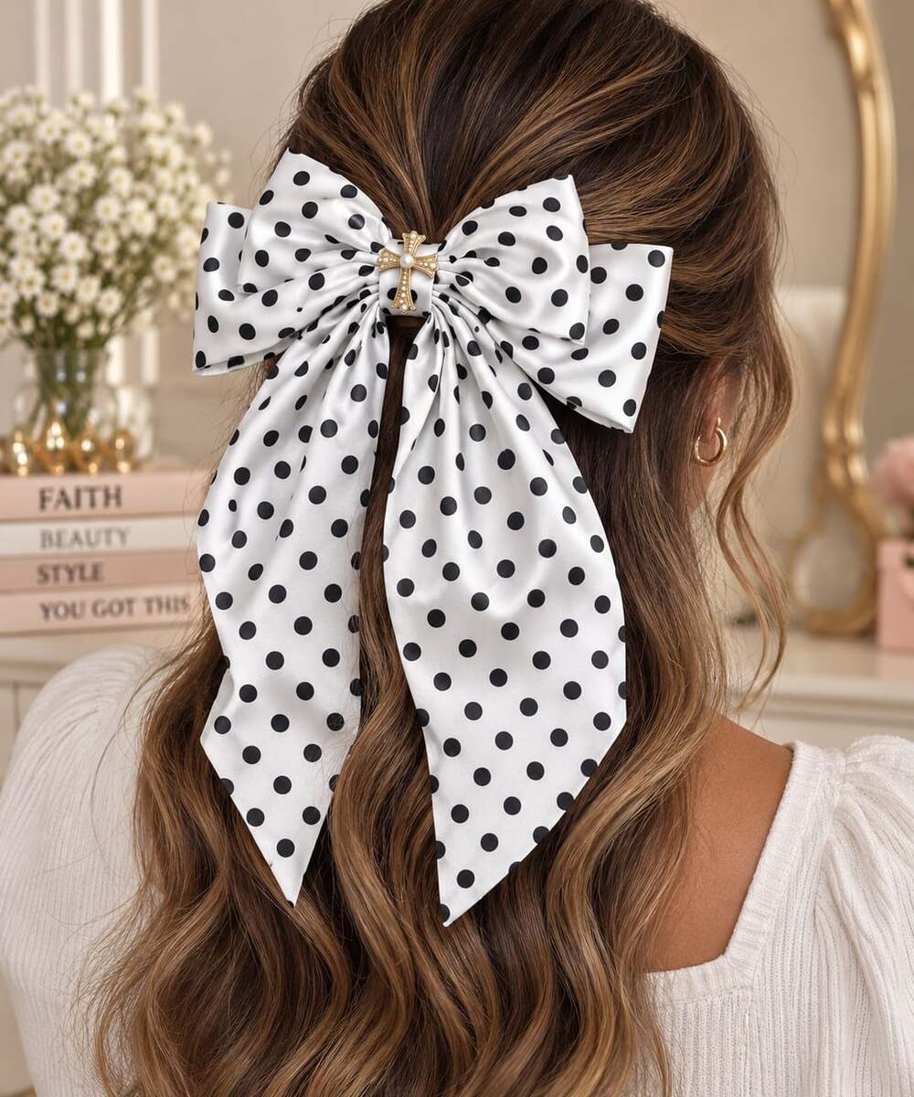Retro Polka Dot Satin Long Tail Bow Gold Cross Hair Clip